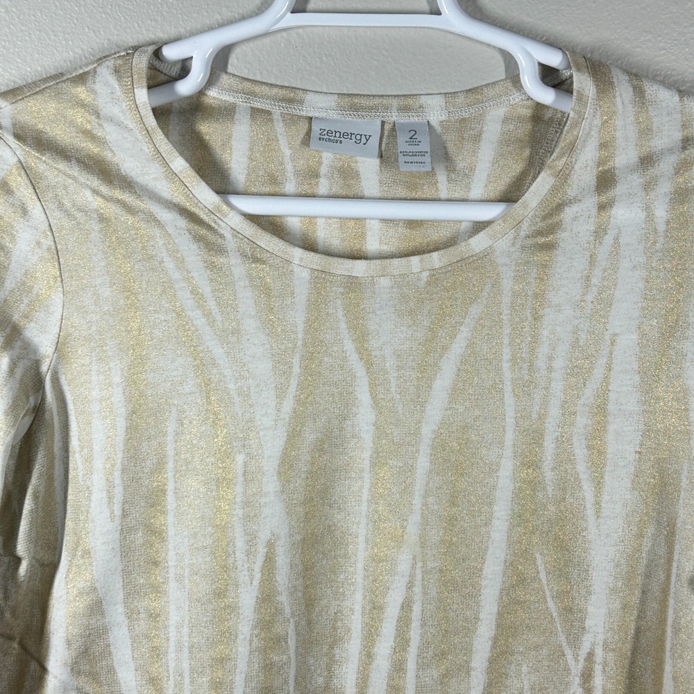 Zenergy by Chicos Gold Metallic Abstract Zebra 3/4 Sleeve Top Size 2 Large